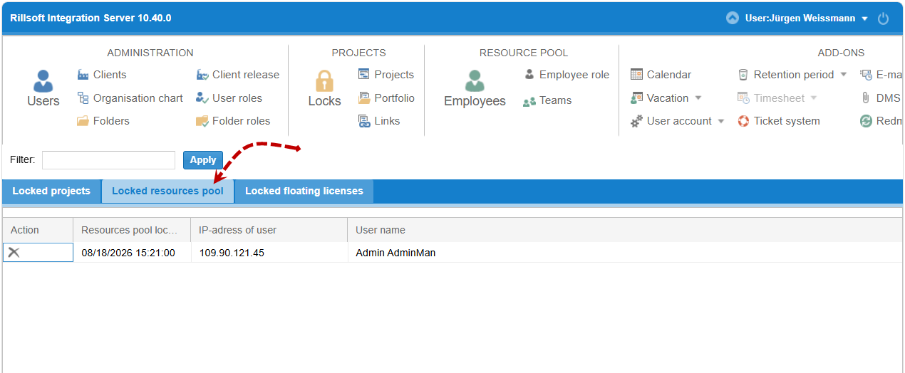 The resource pool is locked for editing by another user